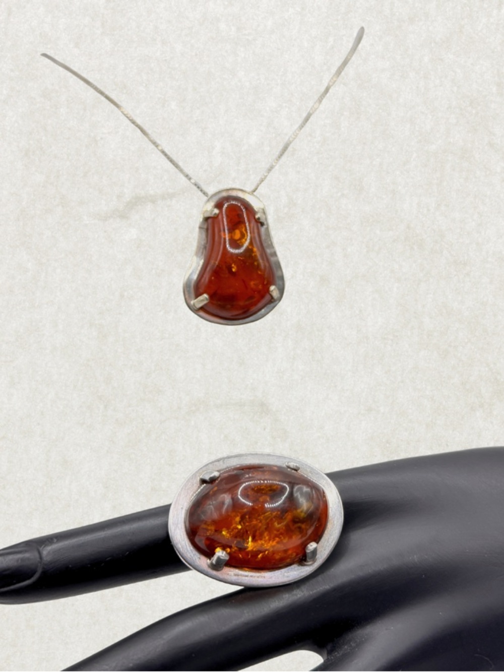 Danish Sterling Silver Baltic Amber Ring and Pendant Set – Signed